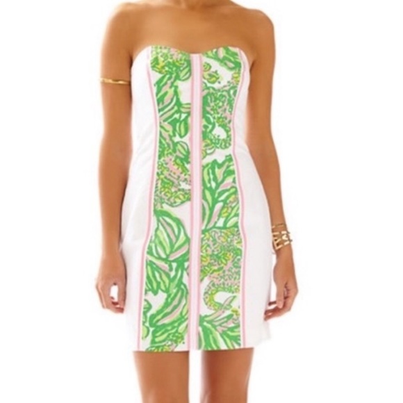 Lilly Pulitzer Strapless “Angela Dress” Resort White Seeking Pink Elephants